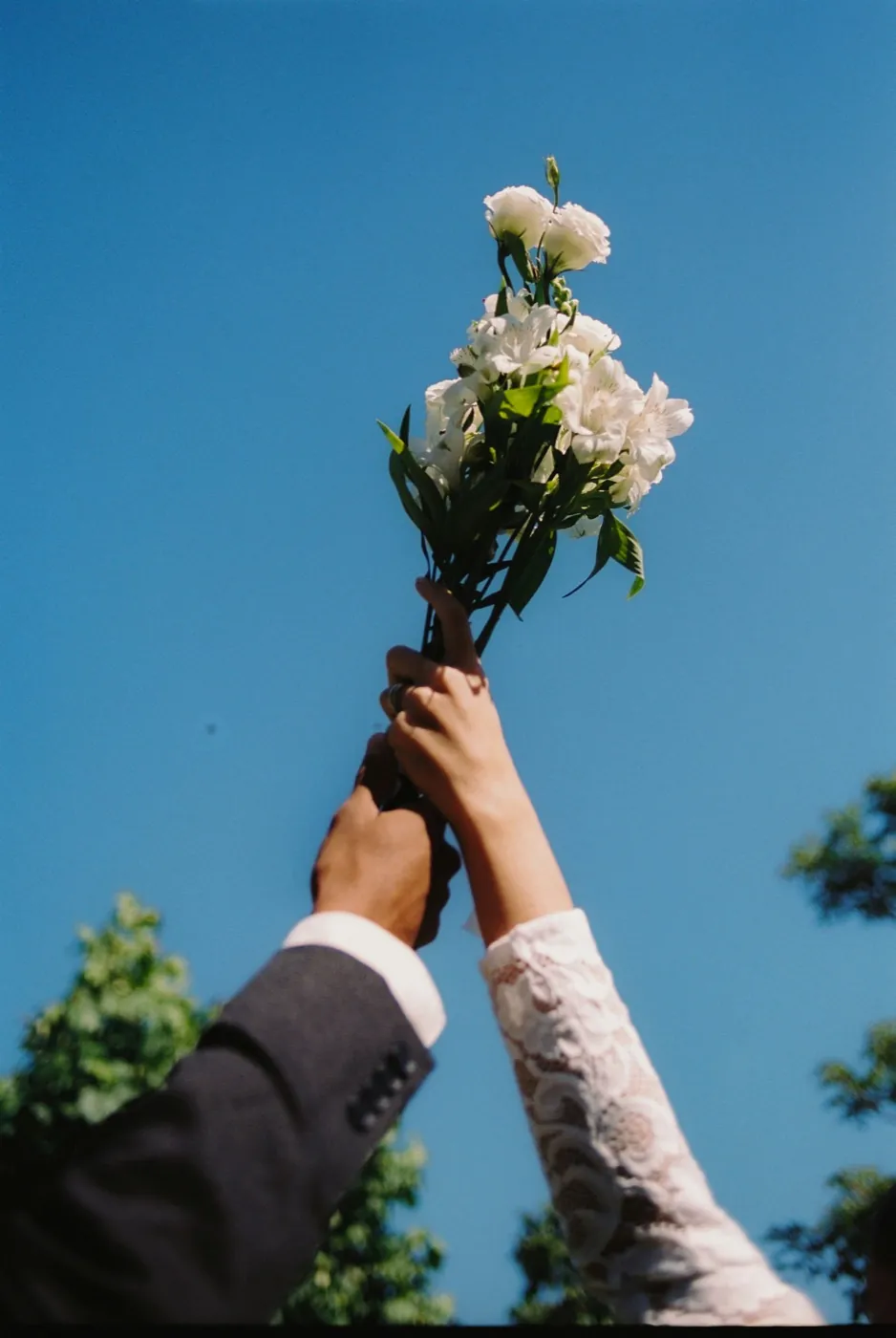 Two hands raising a white bouquet against a deep blue sky